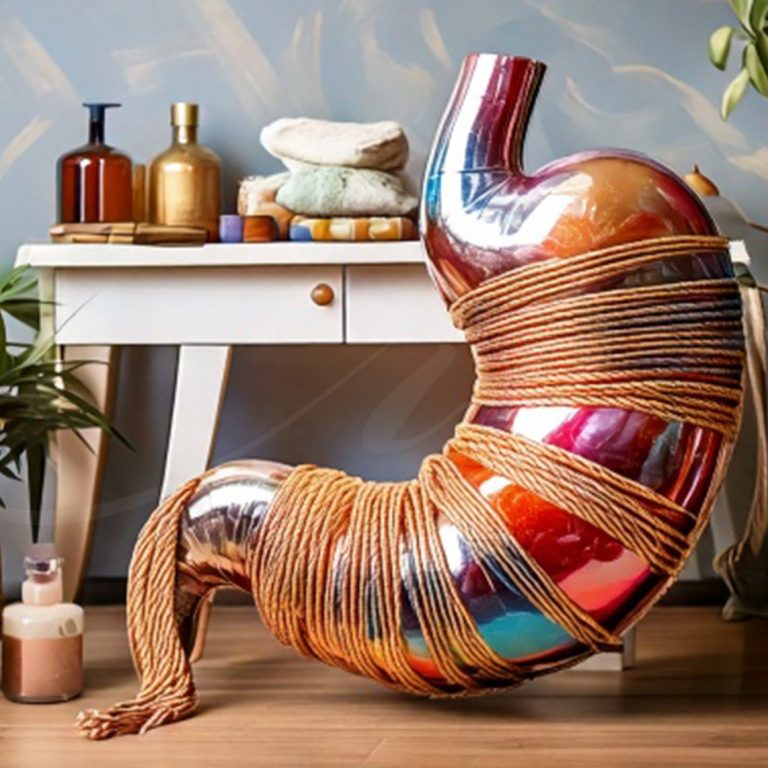 Hypnose Magenband Ein glänzendes, bauchförmiges Objekt, mit Schnüren umwickelt.